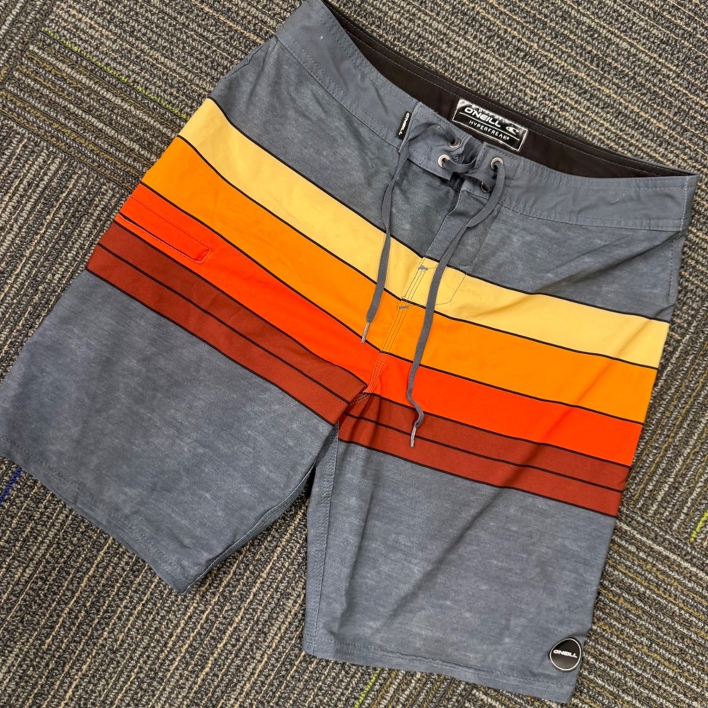 O'Neill Hyperfreak Board Shorts Mens 29 Grey Orange Striped Excellent‎ Stretch